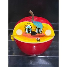 Vintage Apple Coin Bank Piggy Bank Fun Face Yellow Red Plastic Toy picture