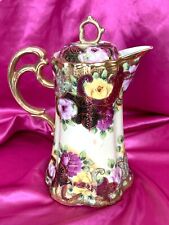 Antique Hand Painted Nippon Chocolate Pot Cocoa Pitcher Yellow/Pink Roses Gold picture