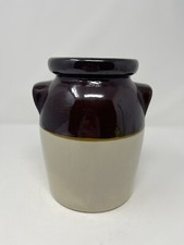 Vintage Brown & White Handmade Ceramic Stoneware Mini Crock 7.5” tall 4.5” mouth picture