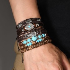 Native American Navajo Turquoise Wood Bead Bracelet Set Unisex New picture