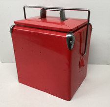 Vintage Late MCM Red Metal Picnic Cooler Ice Chest Bail Handle-good working cond picture