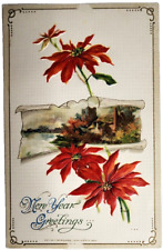 Antique Postcard John Winsch 1914 New Year Greetings Poinsettia Linen picture