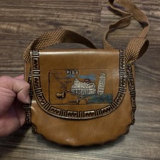 Vintage 70s Italian Tooled Leather Pisa Souvenir Crossbody Bag Boho Map Purse picture