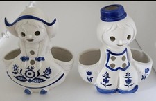 Vintage Rubens Dutch Boy & Girl Planter Set  Blue & White Floral 7
