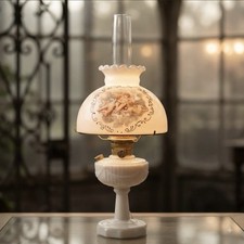 Vintage ALADDIN 1940's Alacite LINCOLN DRAPE Oil Lamp Cherub Shade,Lox Chimney picture