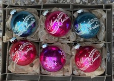 Vintage Shiny Brite USA Merry Christmas Snowflake Stencil Glass Ornaments picture