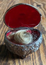 Antique Ornate Repousse Trinket Box Red Velvet with Memento Blonde Hair picture