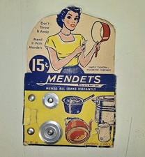Antique Mendets Kitchen Repair Collectible 15 Cents MCM Nice Graphics Pots Pans picture