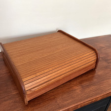 Vtg MCM Danish Teak  Tambour Roll Top Wood Cassette Desk Organizer 3 Drawers picture