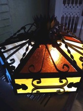 Vintage 1960's Spanish Revival Cast Iron & Stained Glass Hanging Lamp Huge Heavy picture