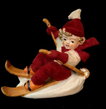 Vtg. Porcelain Figurine Girl Red Flocked Snowsuit Skiing Kikusui Japan 5