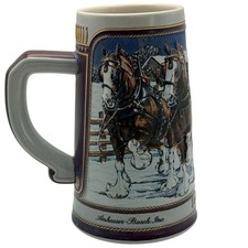 Budweiser 1989 Holiday Beer Stein Clydesdales Winter Evening Ceramic Vintage picture