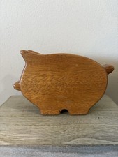 Vintage Hand carved Wooden Wood  Piggy Pig Shaped Bank Money Coin picture
