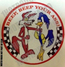 WILE E. COYOTE BEEP BEEP ROADRUNNER HOT ROD BIKER MOTORCYCLES  STICKERS  4 in. picture