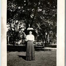 c1910s Beautiful Woman Outside RPPC Floral Sun Hat Umbrella Bourgeois Photo A260 picture