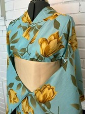 Japanese Vintage Yukata – Turquoise Blue with Golden Tulip Print, Women's yukata picture