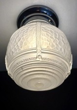 Vintage 1930’s-50’s Art Deco Geometric Ribbed Glass Light Fixture Chrome Base picture