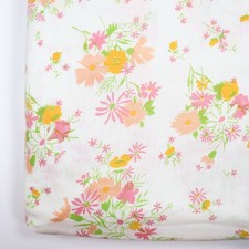 Vintage Full Flat Bed Sheet Yellow Orange Pink Floral Flowers 1960s Fabric picture