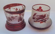 2 Vintage Bohemian Czech Style Flashed Ruby Red Frosted Glass Vase Bird Motif picture