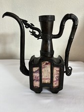 CHINESE CAST IRON URN TEAPOT 6 HAND PAINTED GLASS PANELS picture