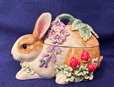 Vintage Fitz & Floyd Botanical Bunny Rabbit Lidded Box—candy, sugar, trinkets  picture
