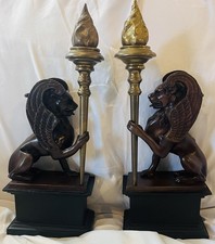 Pair Of Vintage Bronze/Brass Winged Griffin Candle Holders/Bookends on Wood Base picture