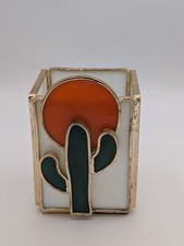 Vintage Retro Stained Glass Cactus Candle Holder Desert Sunset Southwestern Boho picture