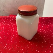 Vintage White Kitchenware Square Milk Glass Spice Jar Containers with Metal Lids picture