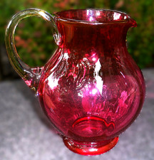 Vintage Cranberry Glass Pitcher Applied Clear Handle Polished Pontil Optic Melon picture