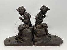 Early 1900s - Art Bronz Bookends of Boys Fishing - KBW Kathodian Bronze Foundry picture
