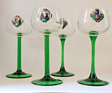 Vintage Luminarc France Alsace Wine Glasses Green Stem Hansi Folk Art Set of 4 picture