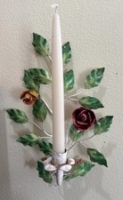 Vintage Italian Toleware Candle Wall Sconce 14”x8” Hand Painted Floral Bouquet picture
