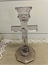 Vintage Pressed Glass Crucifix Candlestick Holder Clear Faint Lavender Pink Hue picture