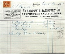 Antique 1867 Receipt to Bartow & Salisbury Carpenters - Cranberry & Henry St. NY picture