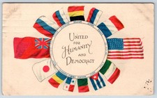 1910's UNITED for HUMANITY and DEMOCRACY PATRIOTIC WORLD FLAGS POSTCARD picture