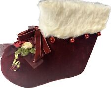 Vintage Burgundy Velvet Santa Boot w Bells & Flowers Christmas Candy Container picture