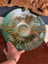 Mid-Century Modern Art Glass Large Bowl; Turquoise and Gold; Exquisite picture