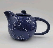 VTG Evandale Teapot Blue Lustre Polka Dot Swirl Lines Tea Pot w/ Lid picture