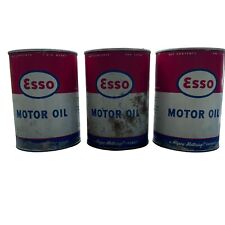 3 Vintage Old NOS Original Red Esso Motor Oil 1 U.S. One Quart Metal Tin Can USA picture