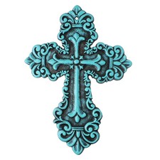 Rustic Turquoise Cast Iron Wall Cross Fleur De Lis Layered Floral Design 11 inch picture