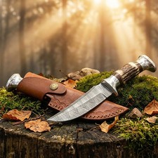 Personalized Damascus Steel Hunting Knife with Deer Antler Handle & Sheath picture