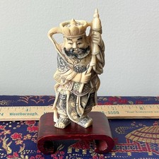 Hand Carved Floral Asian Warrior Figurine w/ Staff Red Black 3.5”on wooden std picture