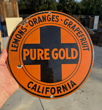 Vintage Pure Gold California Citrus Porcelain Sign Oranges Lemons Packing House picture