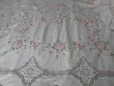 Hand Embroidered Rose Cross Stitch Crochet Insert Lace Work Tablecloth 65x78 vtg picture