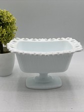 Vintage White Milk Glass Compote Rectangle Ribbed Laced Bowl Dish picture