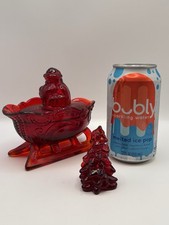 Vintage Mosser Glass Ruby Red Amberina Santa Sleigh Candy Dish Mini Tree Set  picture