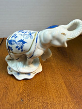 Blue & White Porcelain Elephant Figurine, Floral Pattern, 4 Inch Collectible picture