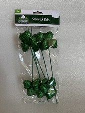 Saint Patrick’s Day 9” Green Glitter Shamrock Picks Floral Wreath Crafts 6 pcs picture