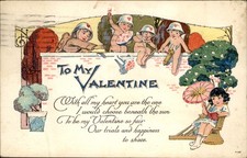 Valentine's Day Children with Heart Helmets Love c1910s-20s Vintage Postcard picture