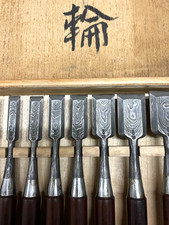 Tasai  Japanese Damascus Bench Chisels - Mokume Oire Nomi Set of 12 Nenrin + Box picture